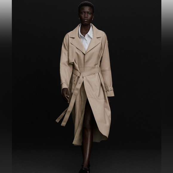 Massimo Dutti ivory leather trench coat with belt classic casual  long jacket - Picture 8 of 12